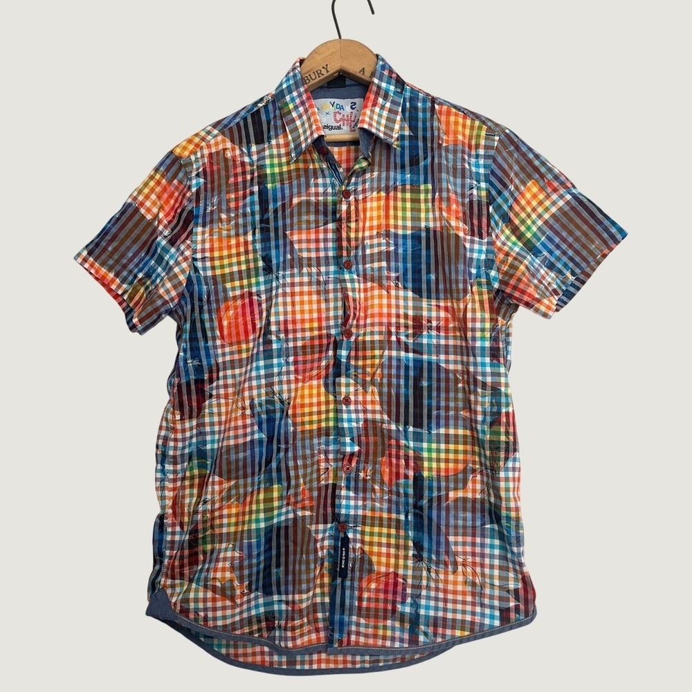 Desigual Mens Multi Color Gingham Abstract Graphic Short Sleeve Button Down M